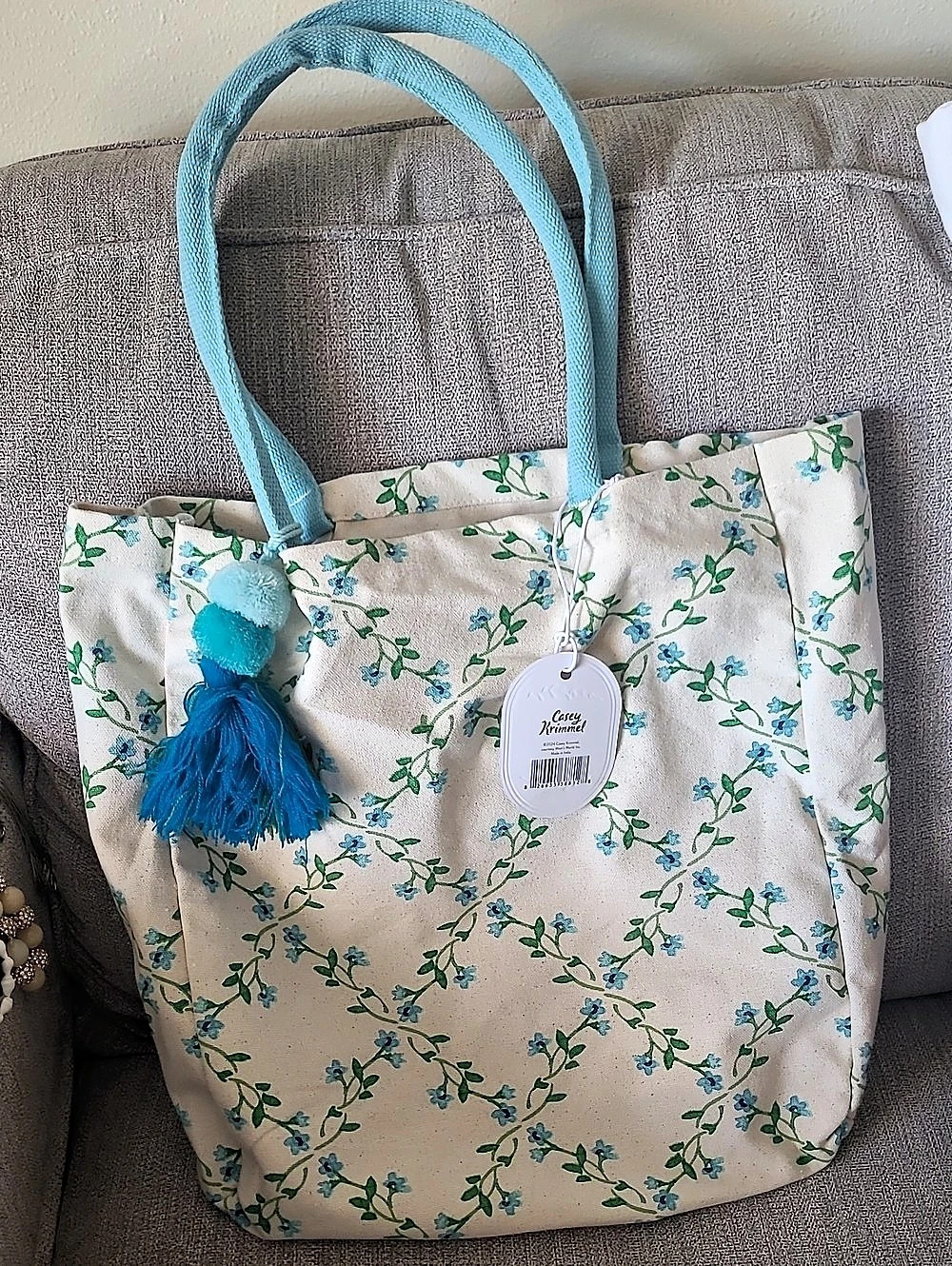 Casey Krimmel Floral Cotton Tote in Cream & Blue NWT